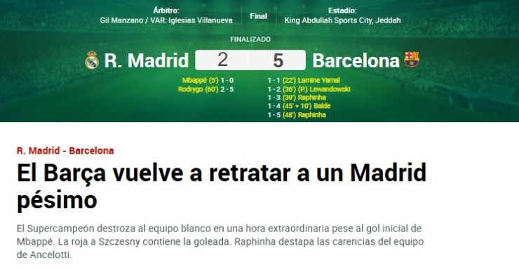 Siêu cúp Tây Ban Nha: Barcelona áp đảo Real Madrid, truyền thông Tây Ban Nha dậy sóng