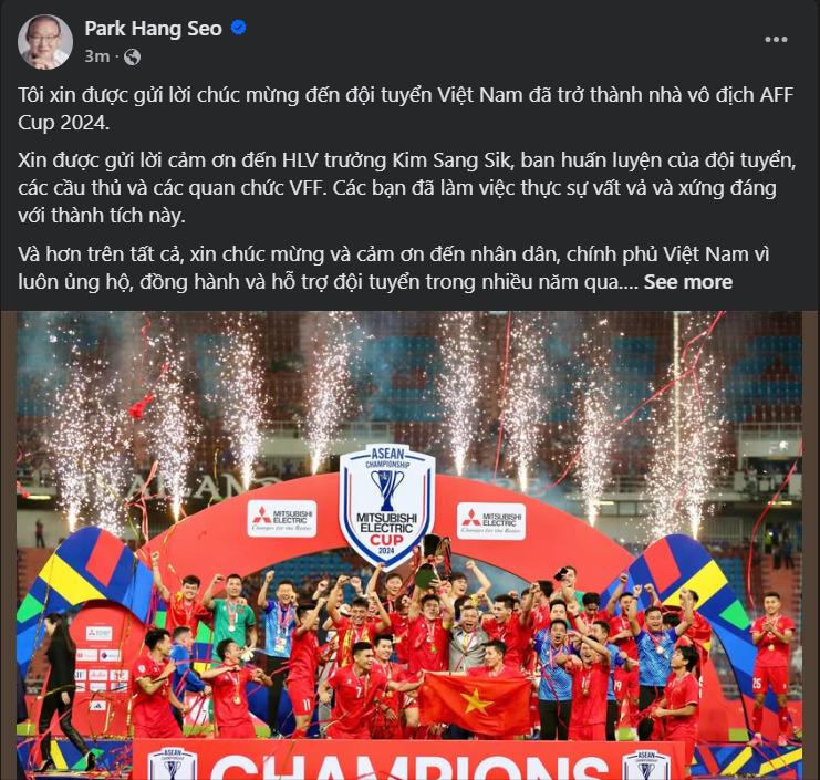 HLV Park Hang Seo chúc mừng ĐT Việt Nam vô địch AFF Cup 2024, đặt mục tiêu mới