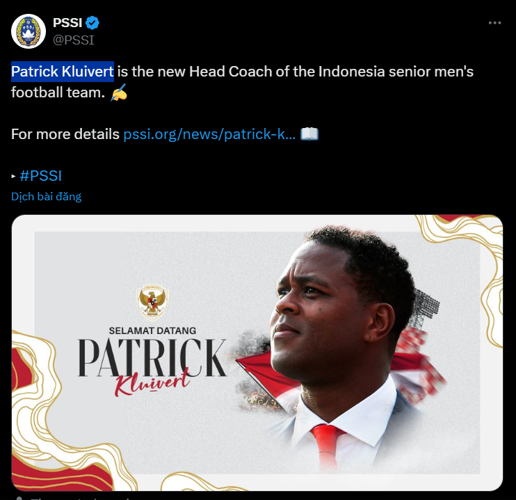 Huyền thoại bóng đá Patrick Kluivert chính thức dẫn dắt ĐTQG Indonesia